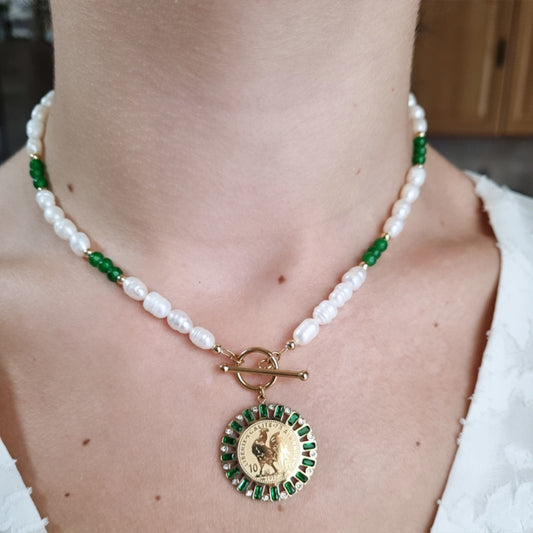 Collier perle d'eau douce coq touche verte