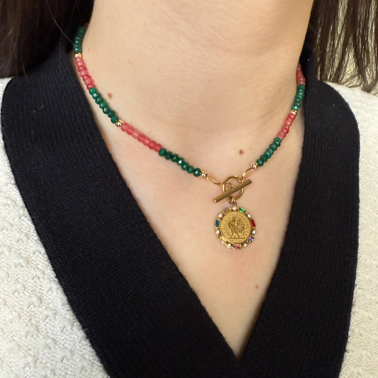 Collier ras de cou vert rose