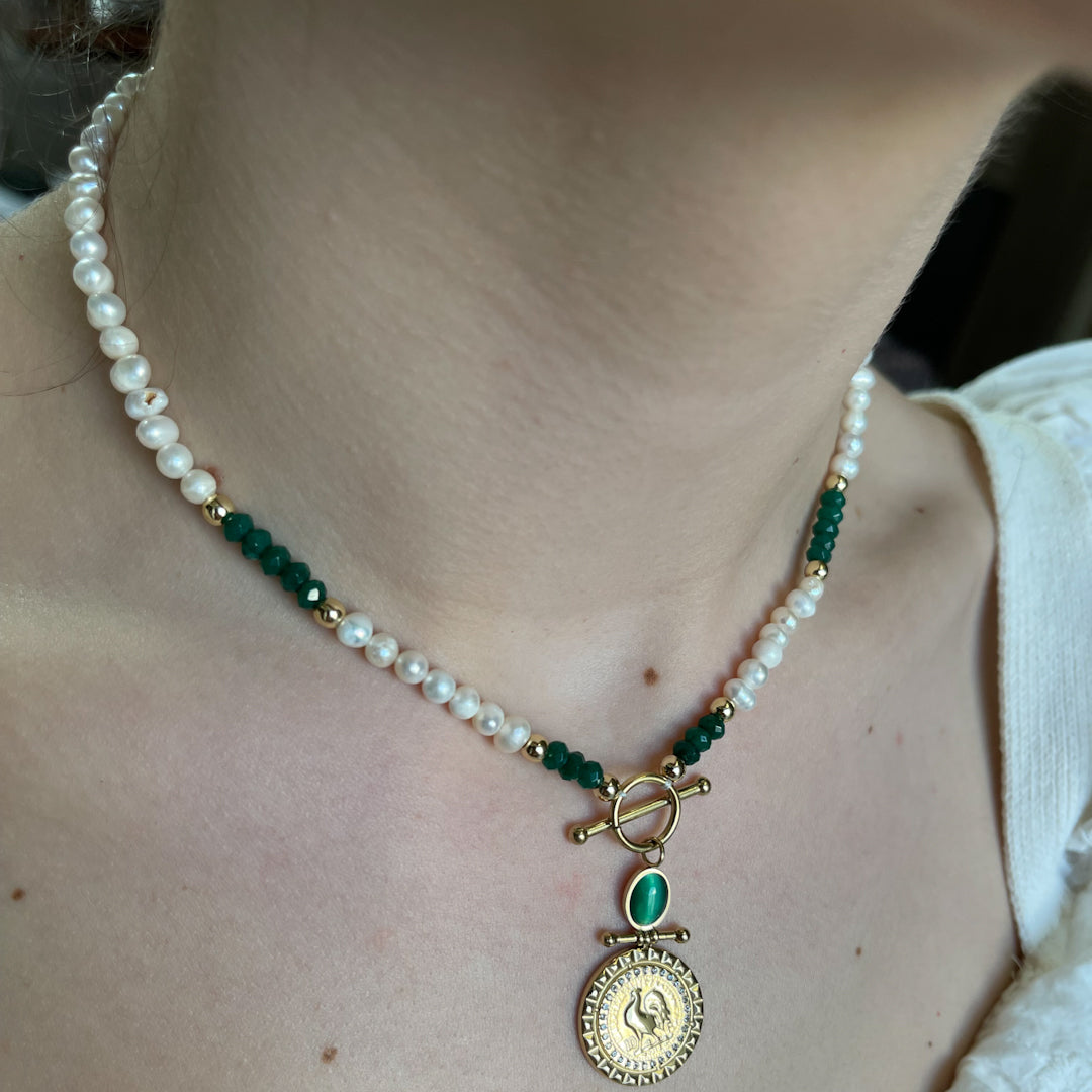 Collier perle d'eau douce coq touche verte